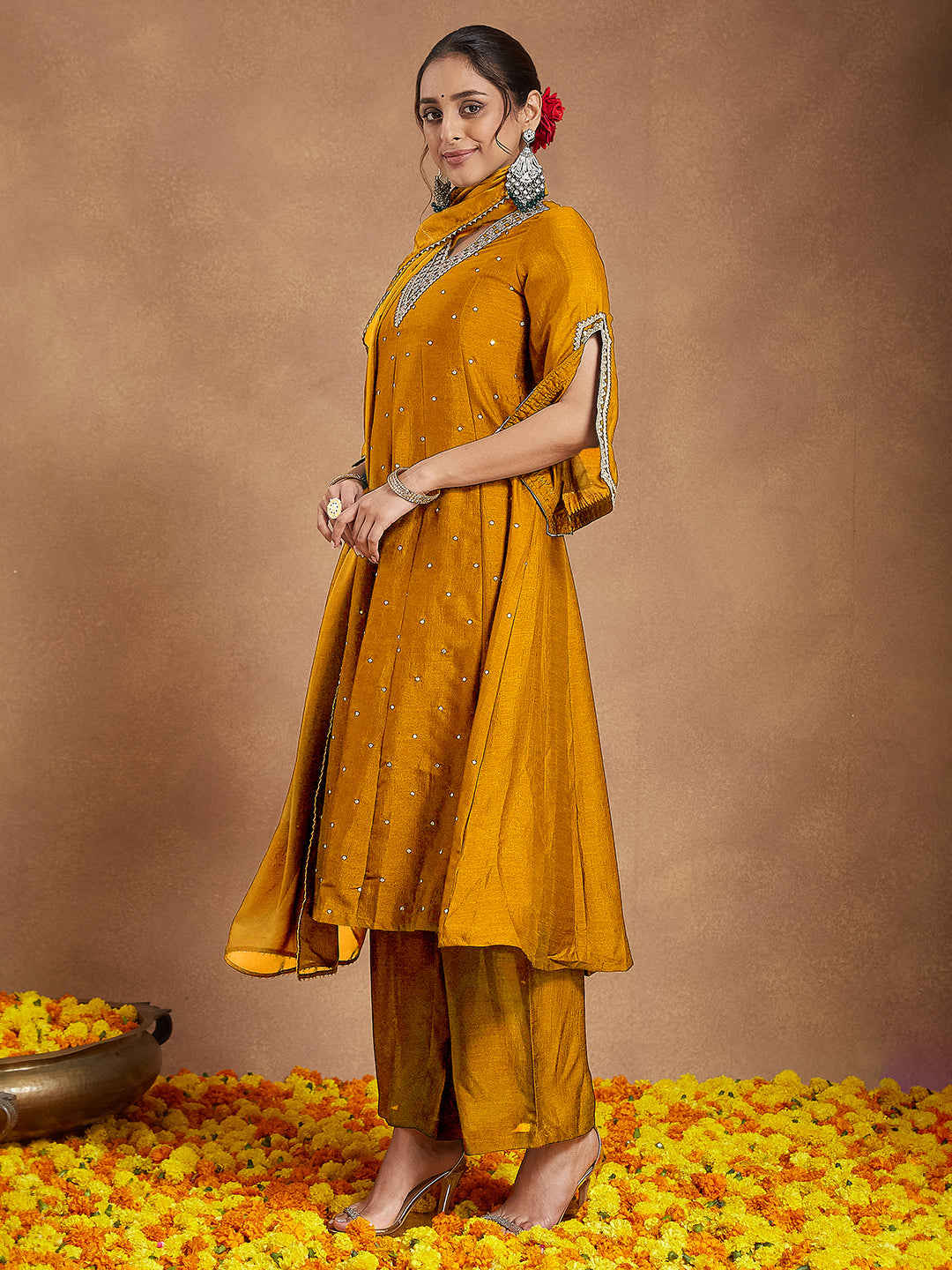 Janasya Women's Mustard Silk Blend Zari Embroidered Anarkali Kurta With Palazzo & Dupatta Set - qivii