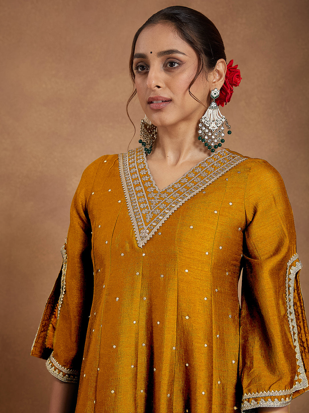 Janasya Women's Mustard Silk Blend Zari Embroidered Anarkali Kurta With Palazzo & Dupatta Set - qivii