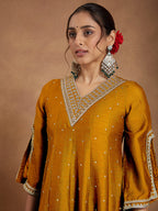 Janasya Women's Mustard Silk Blend Zari Embroidered Anarkali Kurta With Palazzo & Dupatta Set