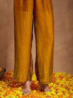 Janasya Women's Mustard Silk Blend Zari Embroidered Anarkali Kurta With Palazzo & Dupatta Set