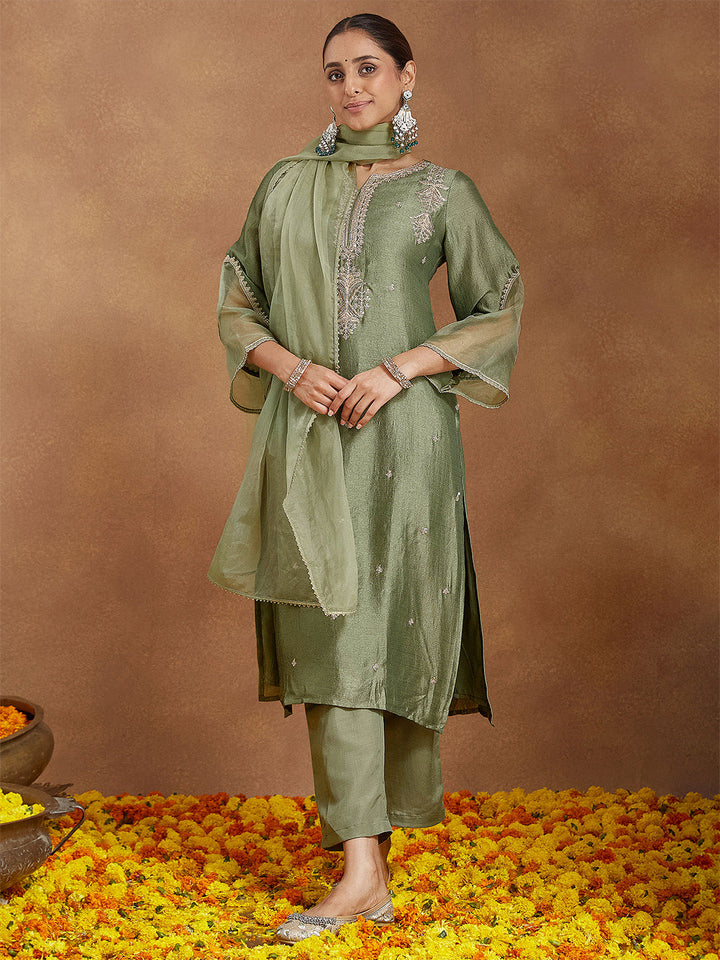 Janasya Women's Sage Green Silk Blend Zari Embroidered Straight Kurta Set