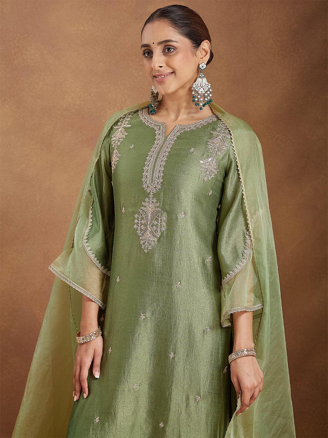 Janasya Women's Sage Green Silk Blend Zari Embroidered Straight Kurta Set