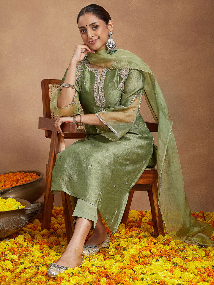 Janasya Women's Sage Green Silk Blend Zari Embroidered Straight Kurta Set