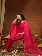 Janasya Women's Pink Silk Blend Embellished Straight Kurta Set