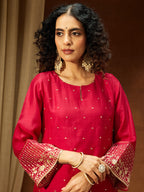 Janasya Women's Pink Silk Blend Embellished Straight Kurta Set