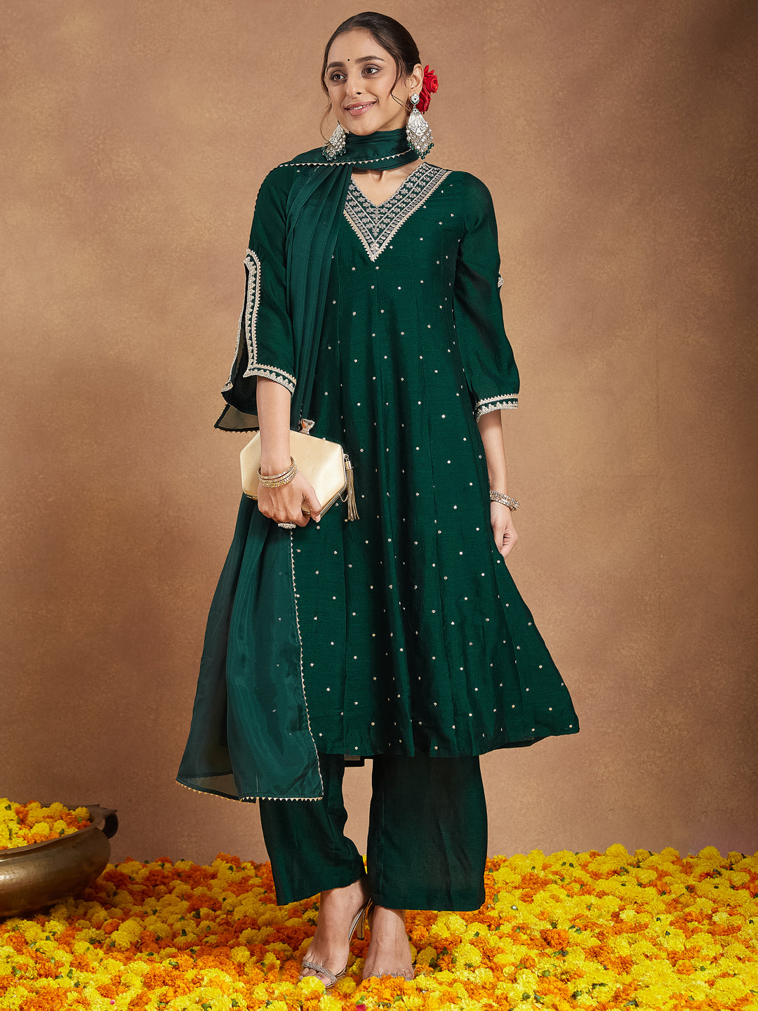Janasya Women's Green Silk Blend Zari Embroidered Anarkali Kurta With Palazzo & Dupatta Set - qivii
