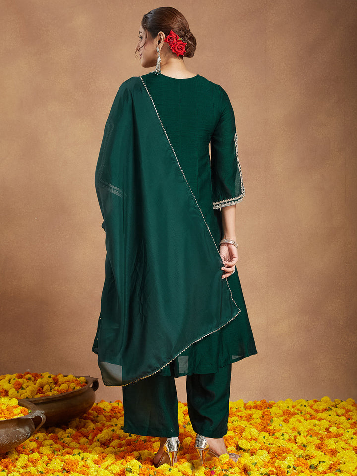 Janasya Women's Green Silk Blend Zari Embroidered Anarkali Kurta With Palazzo & Dupatta Set - qivii