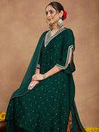 Janasya Women's Green Silk Blend Zari Embroidered Anarkali Kurta With Palazzo & Dupatta Set