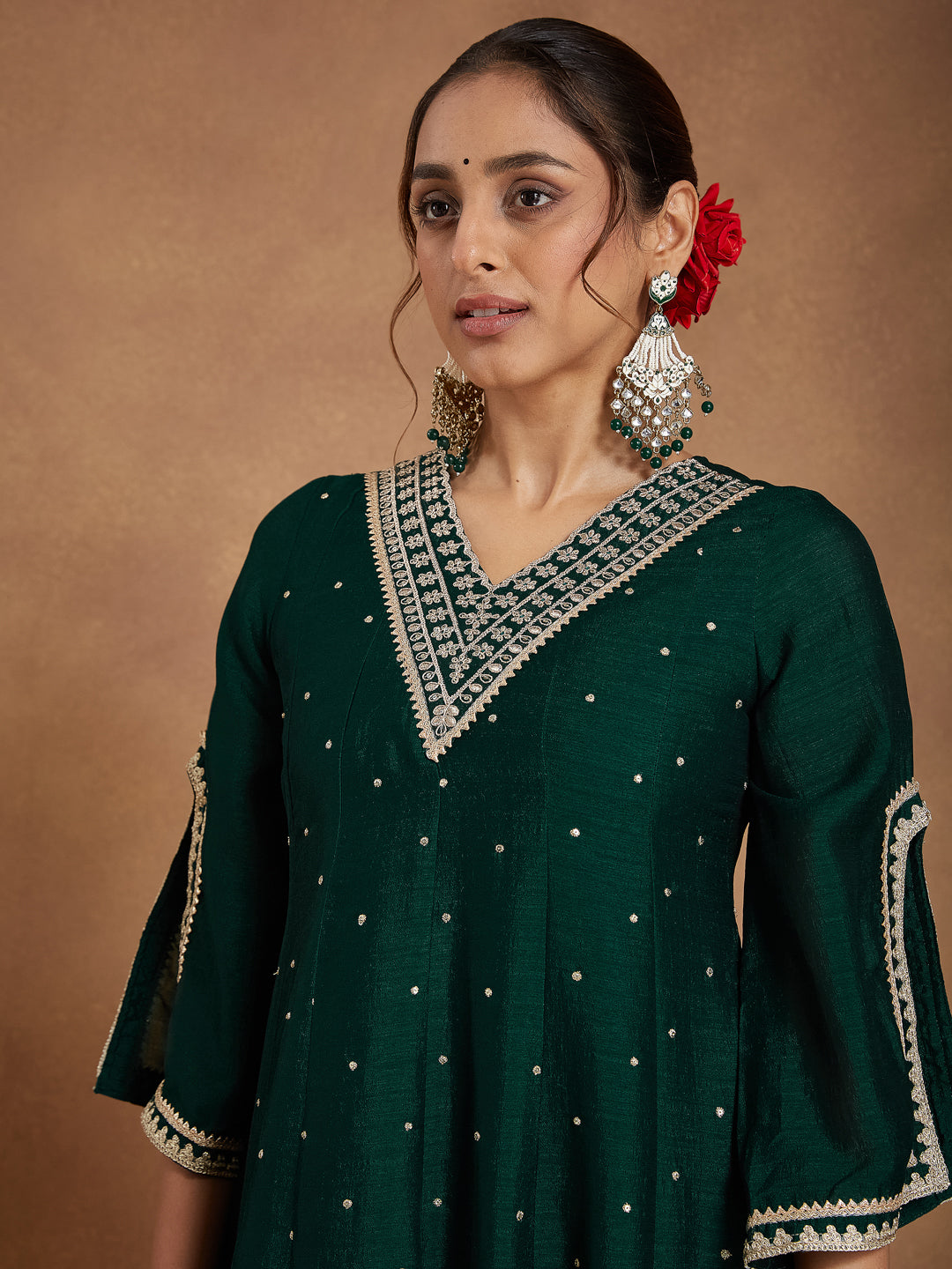 Janasya Women's Green Silk Blend Zari Embroidered Anarkali Kurta With Palazzo & Dupatta Set - qivii