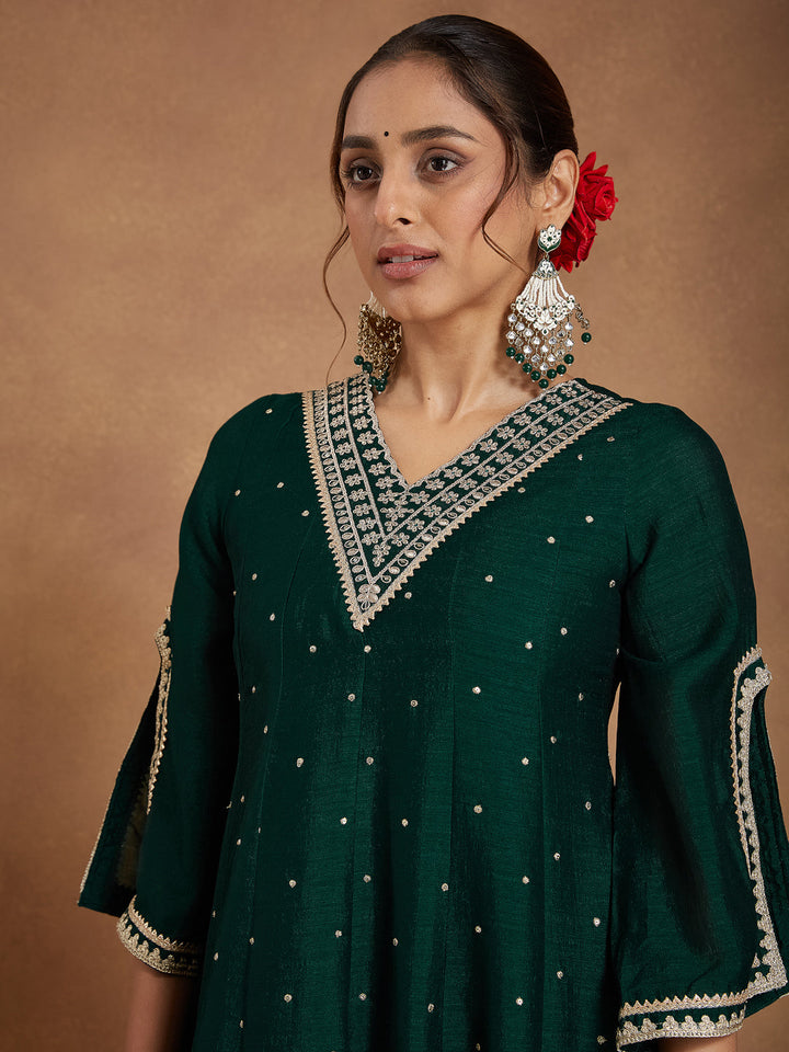 Janasya Women's Green Silk Blend Zari Embroidered Anarkali Kurta With Palazzo & Dupatta Set - qivii