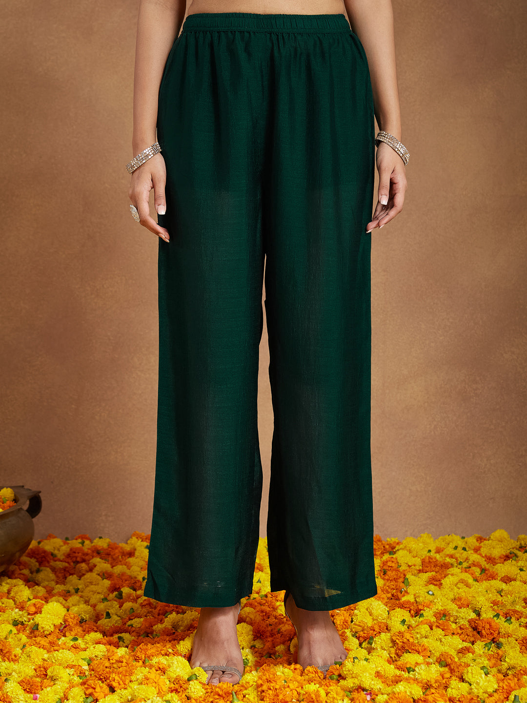 Janasya Women's Green Silk Blend Zari Embroidered Anarkali Kurta With Palazzo & Dupatta Set - qivii