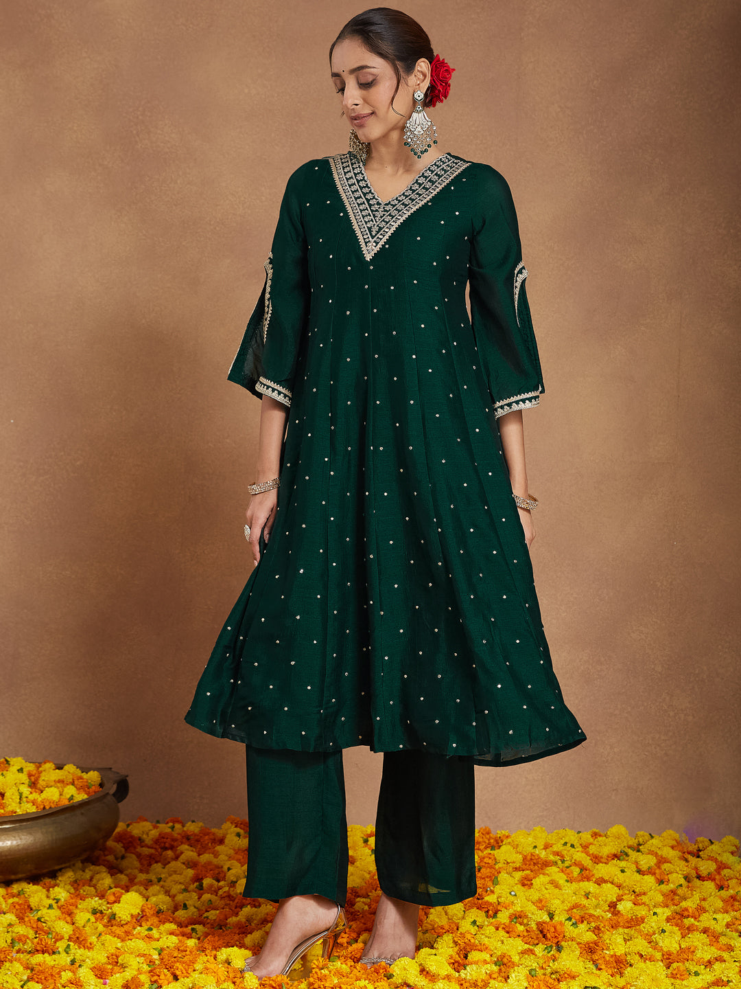 Janasya Women's Green Silk Blend Zari Embroidered Anarkali Kurta With Palazzo & Dupatta Set - qivii