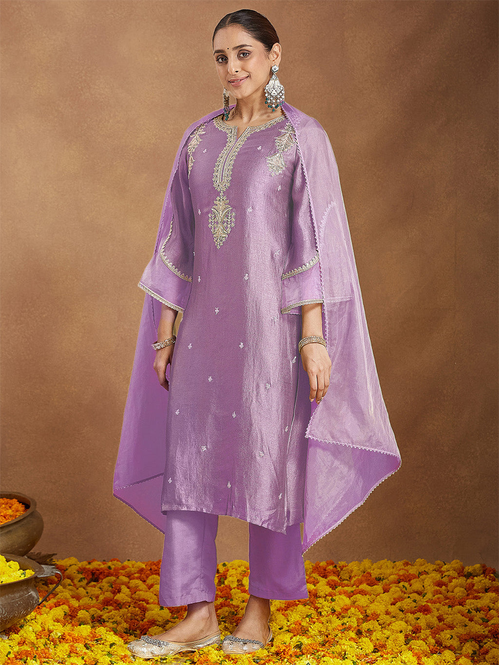 Janasya Women's Lavender Silk Blend Zari Embroidered Straight Kurta Set