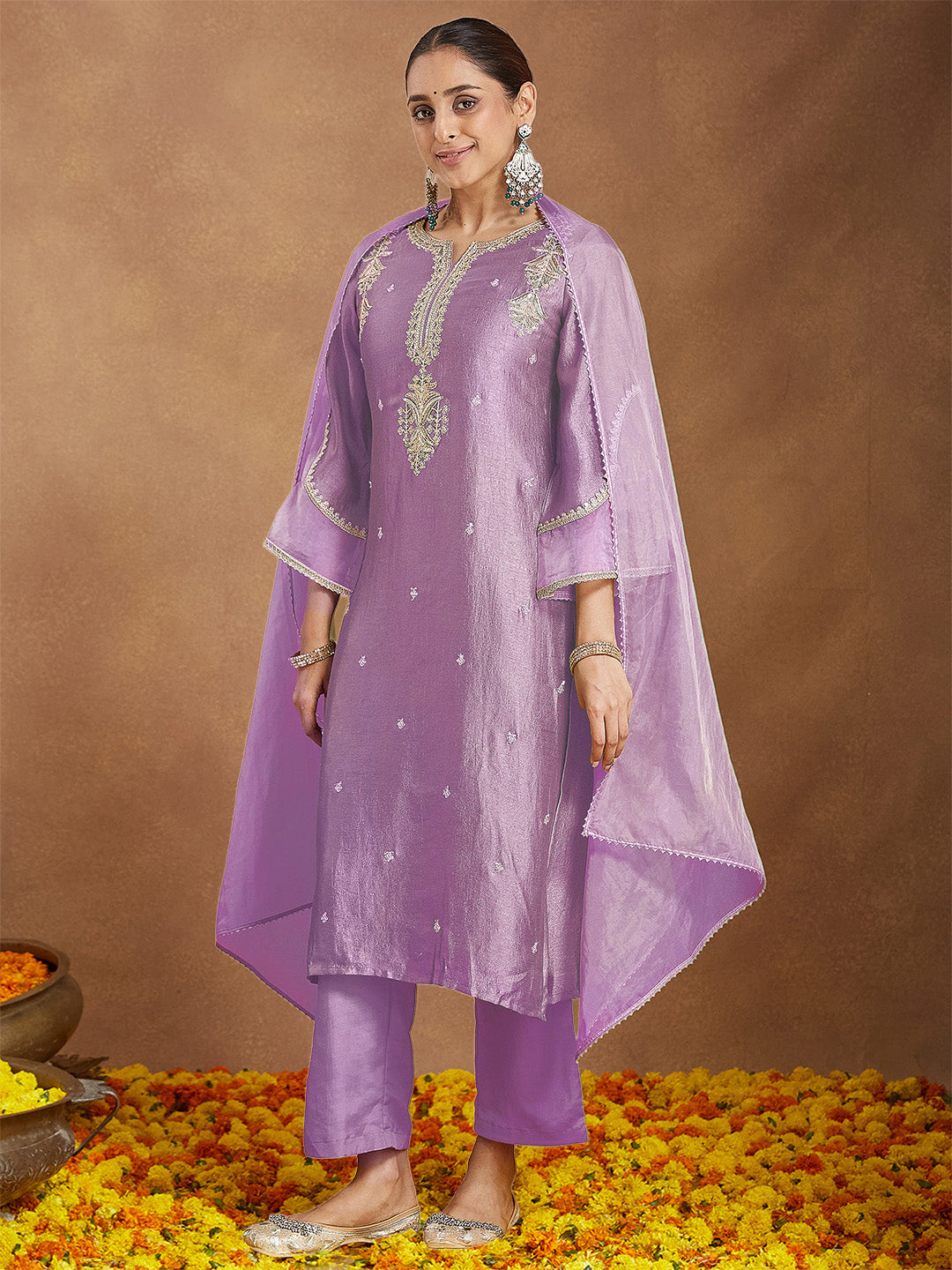 Janasya Women's Lavender Silk Blend Zari Embroidered Straight Kurta Set