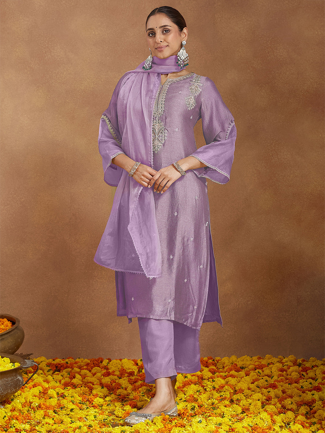 Janasya Women's Lavender Silk Blend Zari Embroidered Straight Kurta Set - qivii