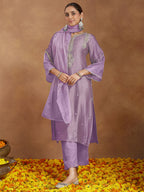 Janasya Women's Lavender Silk Blend Zari Embroidered Straight Kurta Set