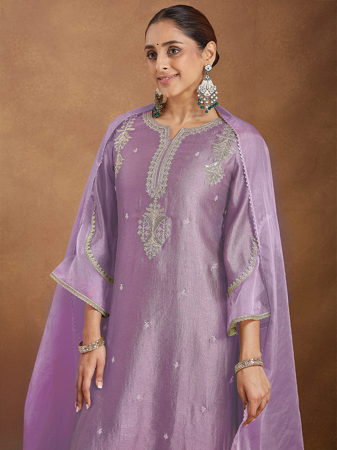 Janasya Women's Lavender Silk Blend Zari Embroidered Straight Kurta Set - qivii