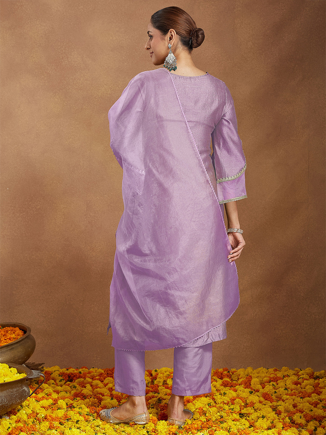Janasya Women's Lavender Silk Blend Zari Embroidered Straight Kurta Set - qivii