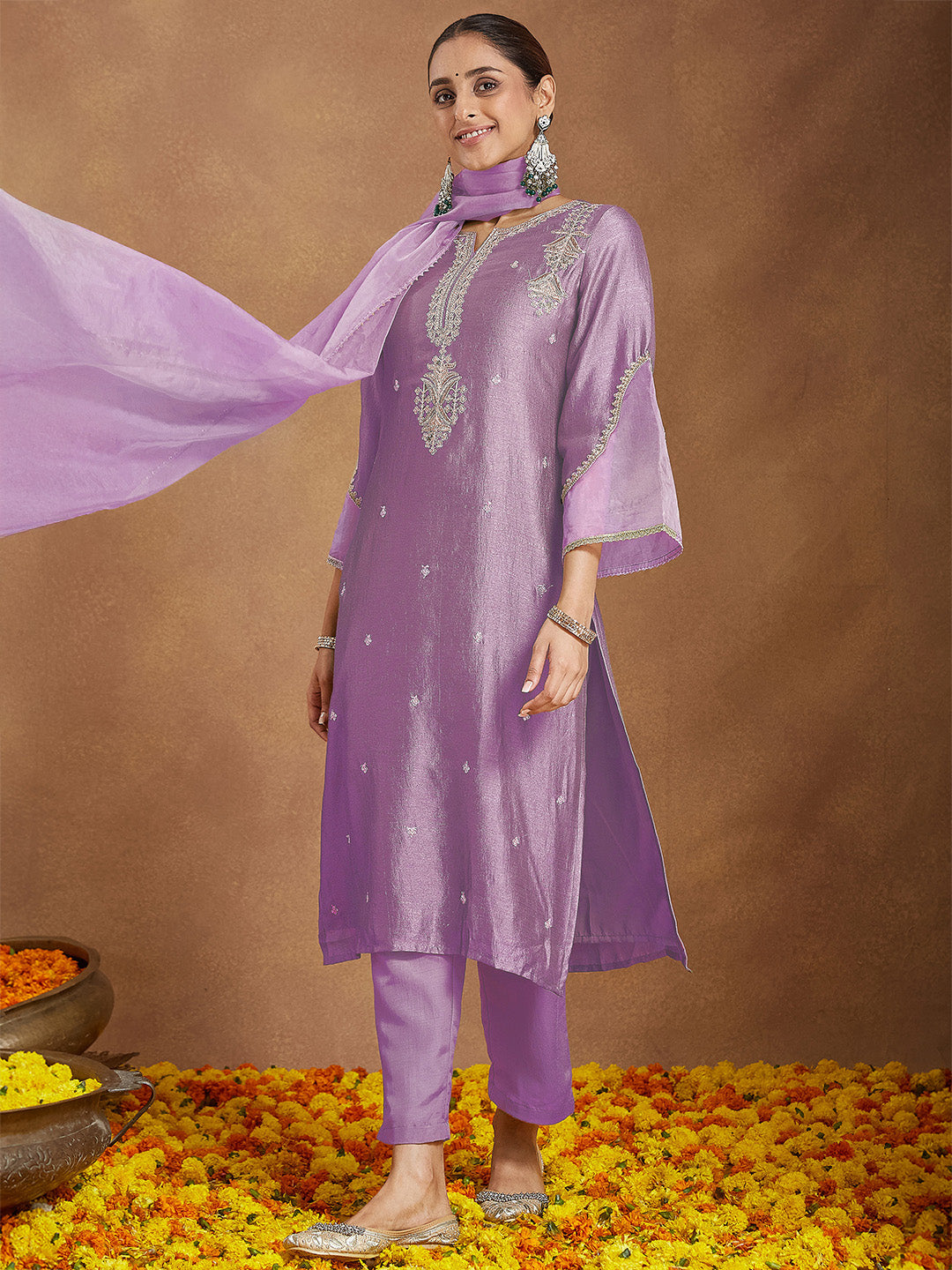 Janasya Women's Lavender Silk Blend Zari Embroidered Straight Kurta Set - qivii