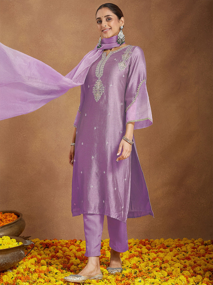 Janasya Women's Lavender Silk Blend Zari Embroidered Straight Kurta Set - qivii