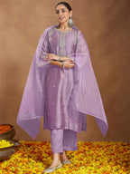 Janasya Women's Lavender Silk Blend Zari Embroidered Straight Kurta Set