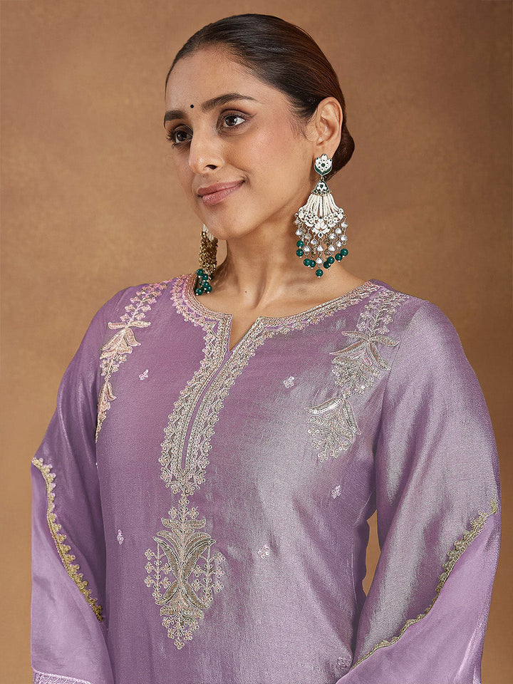 Janasya Women's Lavender Silk Blend Zari Embroidered Straight Kurta Set - qivii