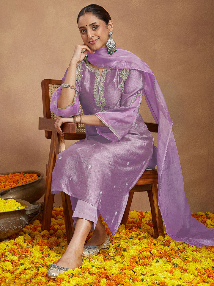 Janasya Women's Lavender Silk Blend Zari Embroidered Straight Kurta Set - qivii