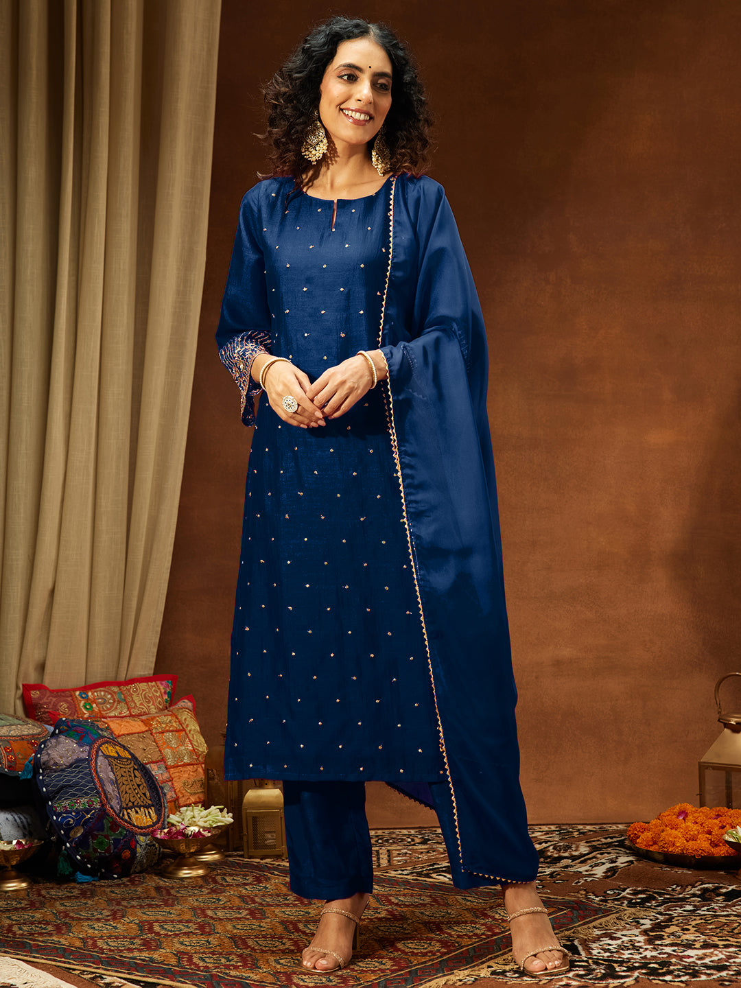 Janasya Women's Teal Blue Silk Blend Embellished Straight Kurta Set - qivii