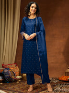 Janasya Women's Teal Blue Silk Blend Embellished Straight Kurta Set