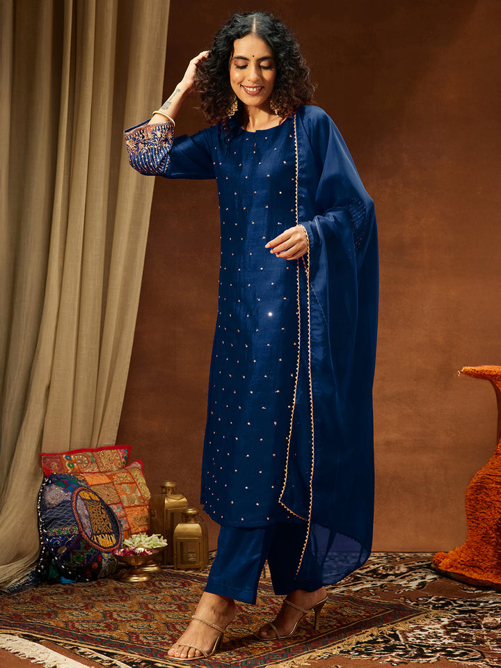 Janasya Women's Teal Blue Silk Blend Embellished Straight Kurta Set - qivii