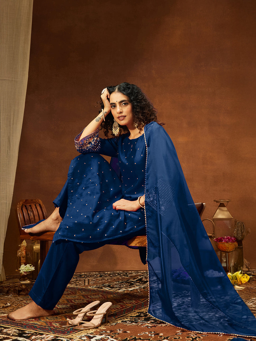 Janasya Women's Teal Blue Silk Blend Embellished Straight Kurta Set