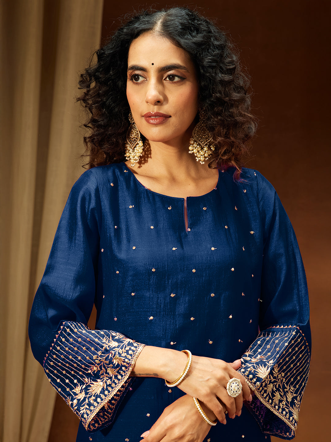 Janasya Women's Teal Blue Silk Blend Embellished Straight Kurta Set - qivii