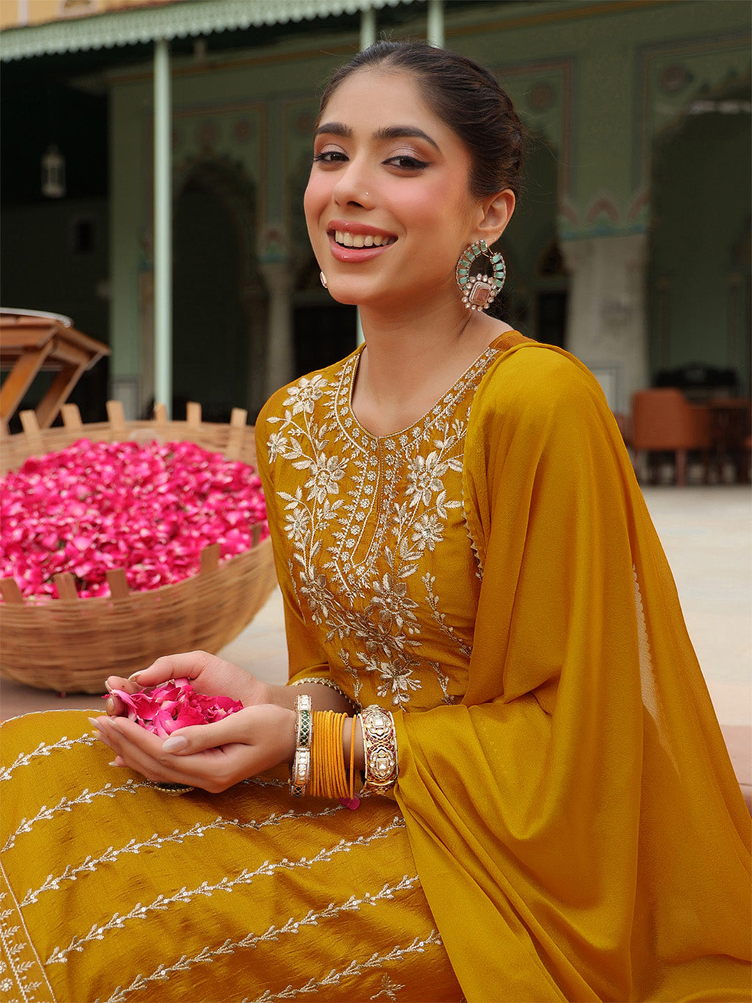 Janasya Women's Mustard Silk Blend Embroidered Straight Kurta Set - qivii