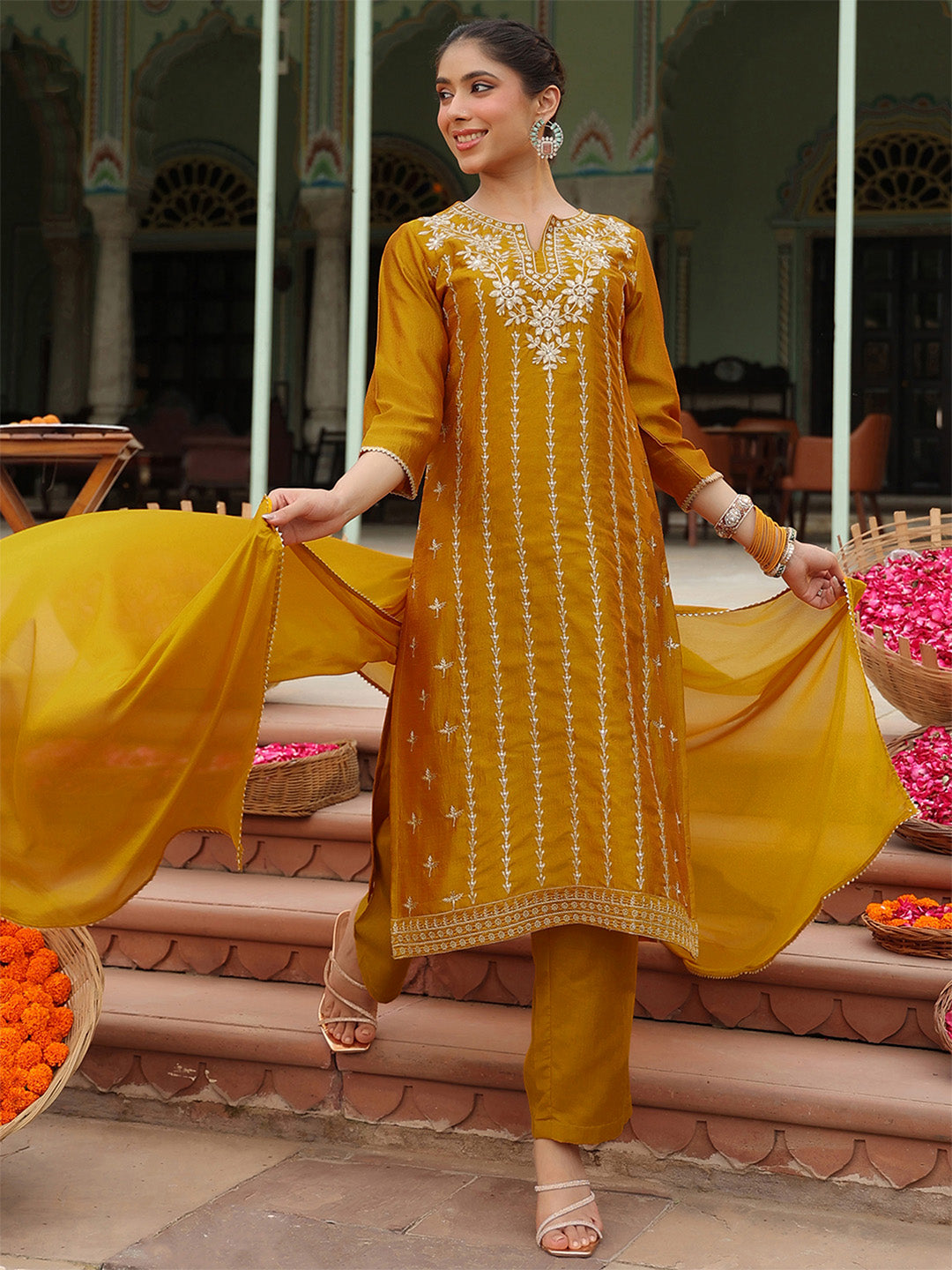 Janasya Women's Mustard Silk Blend Embroidered Straight Kurta Set - qivii