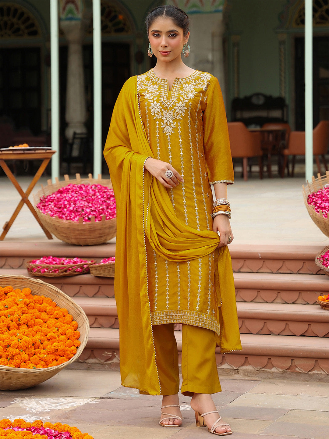 Janasya Women's Mustard Silk Blend Embroidered Straight Kurta Set - qivii