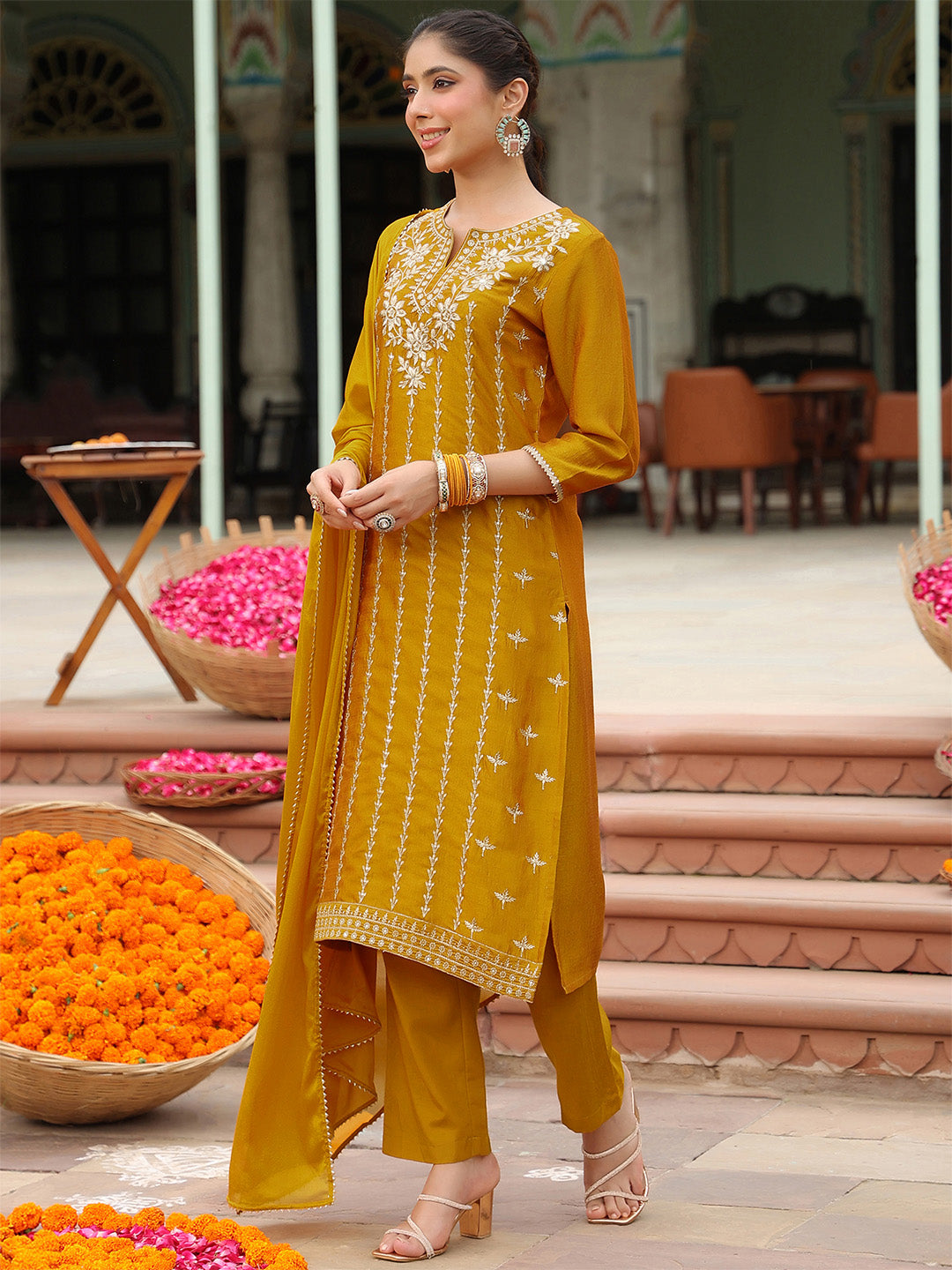 Janasya Women's Mustard Silk Blend Embroidered Straight Kurta Set - qivii