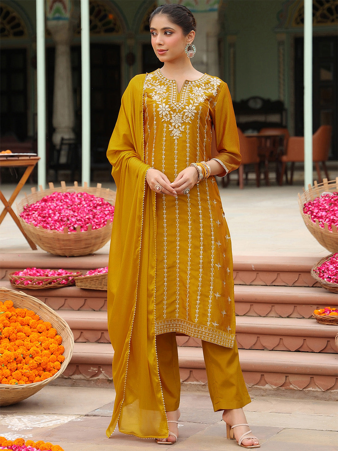 Janasya Women's Mustard Silk Blend Embroidered Straight Kurta Set - qivii