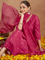 Janasya Women's Pink Chanderi Silk Embellished Zari Embroidered A-line Kurta Set
