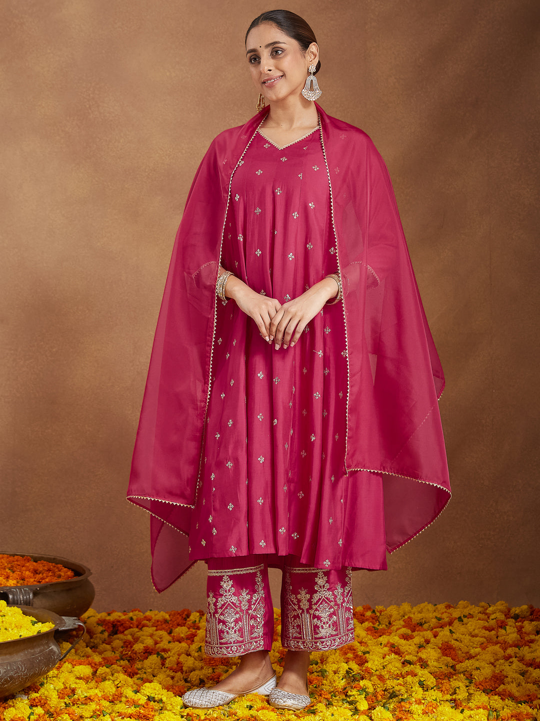 Janasya Women's Pink Chanderi Silk Embellished Zari Embroidered A-line Kurta Set
