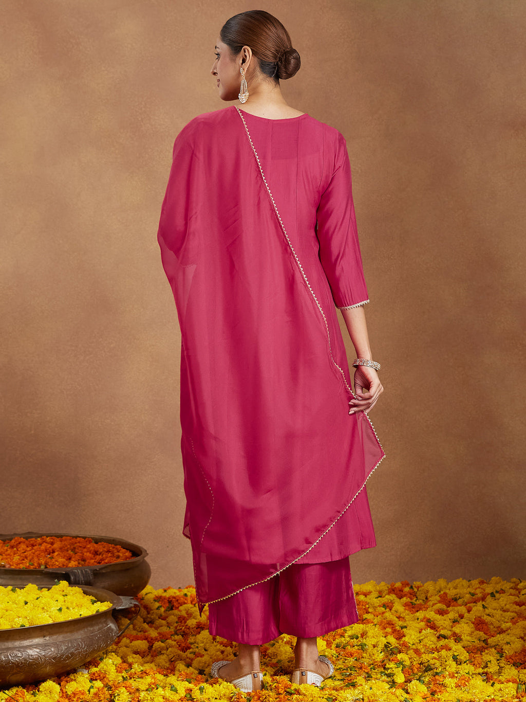 Janasya Women's Pink Chanderi Silk Embellished Zari Embroidered A-line Kurta Set