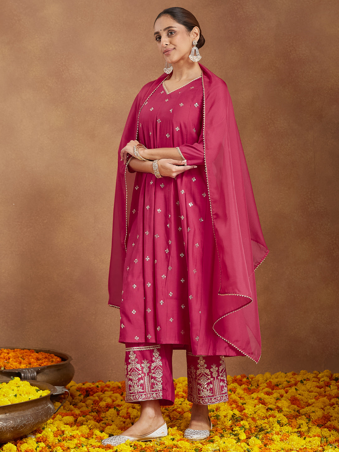 Janasya Women's Pink Chanderi Silk Embellished Zari Embroidered A-line Kurta Set - qivii