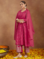 Janasya Women's Pink Chanderi Silk Embellished Zari Embroidered A-line Kurta Set