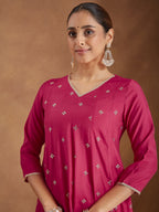 Janasya Women's Pink Chanderi Silk Embellished Zari Embroidered A-line Kurta Set