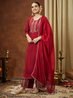 Janasya Women's Maroon Chanderi Silk Zari Embroidered Straight Kurta With Palazzo & Dupatta Set