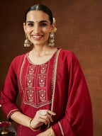 Janasya Women's Maroon Chanderi Silk Zari Embroidered Straight Kurta With Palazzo & Dupatta Set