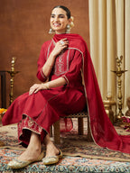 Janasya Women's Maroon Chanderi Silk Zari Embroidered Straight Kurta With Palazzo & Dupatta Set