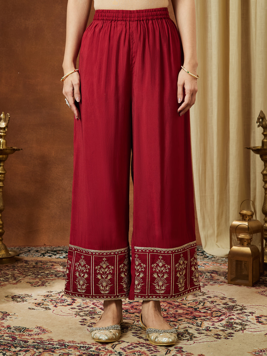 Janasya Women's Maroon Chanderi Silk Zari Embroidered Straight Kurta With Palazzo & Dupatta Set