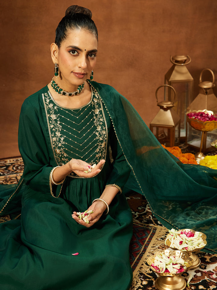 Janasya Women's Bottle Green Chanderi Silk Embroidered A-line Kurta Set