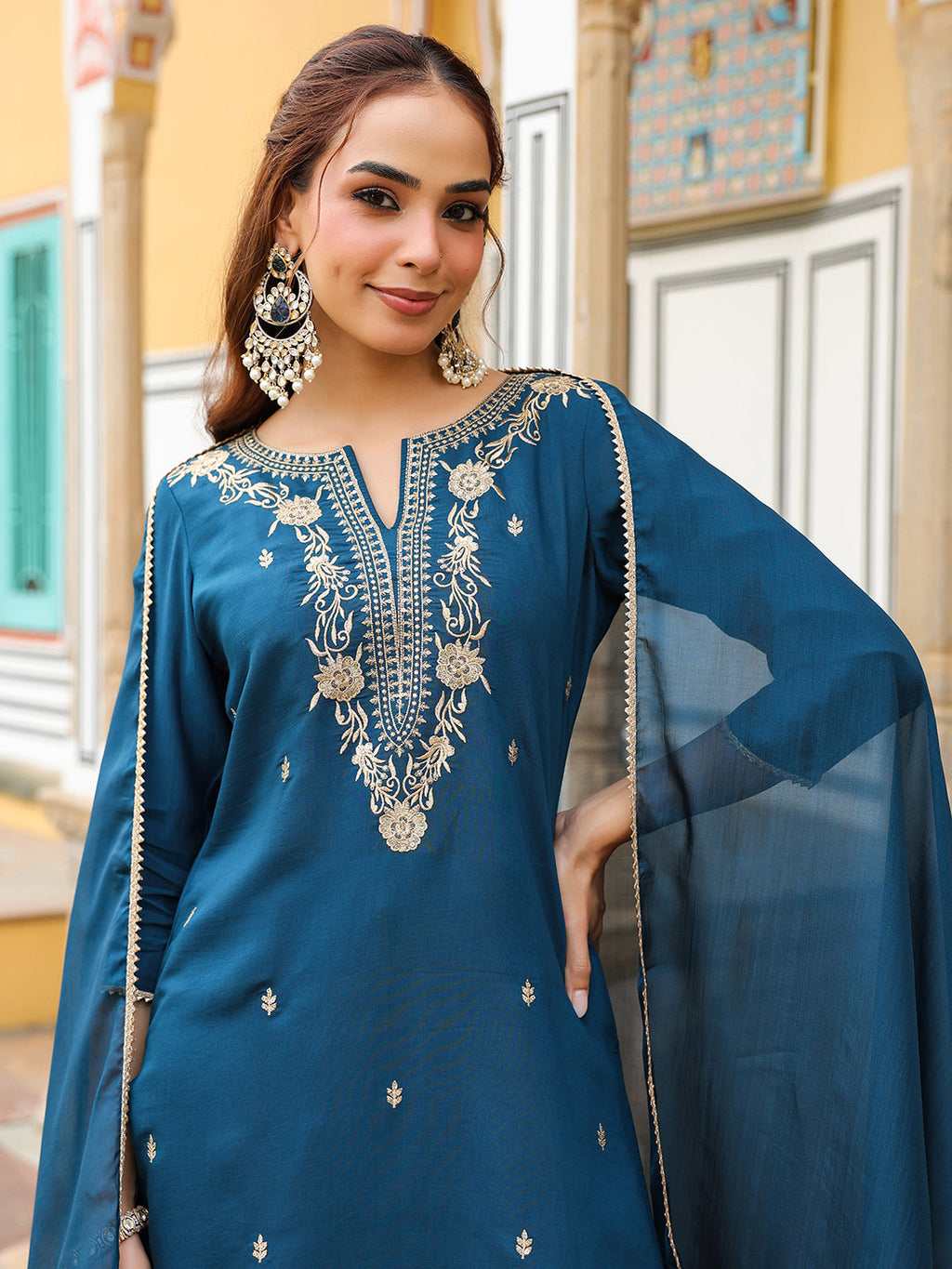 Janasya Women's Teal Blue Chanderi Silk Zari Embroidered Straight Kurta With Palazzo & Dupatta Set