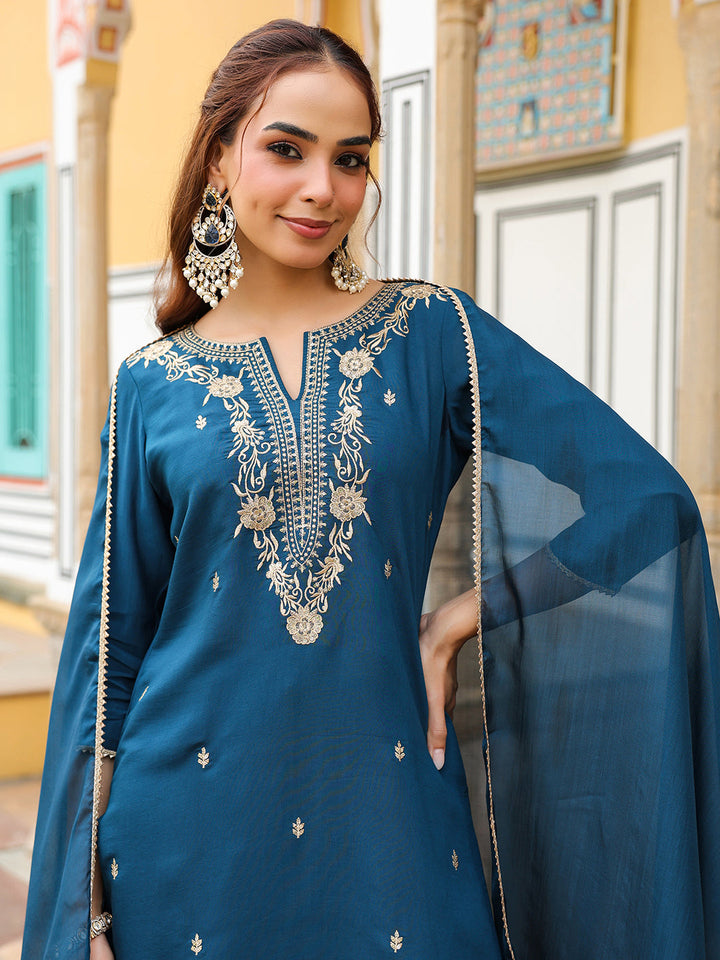 Janasya Women's Teal Blue Chanderi Silk Zari Embroidered Straight Kurta With Palazzo & Dupatta Set - qivii